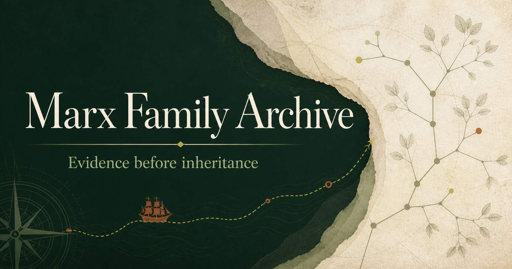 Marx Family Archive — Evidence before inheritance, illustrated with an archival ocean route and branching family connections.